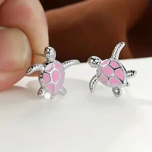 Silver PINK SEA TURTLE Stud Earrings